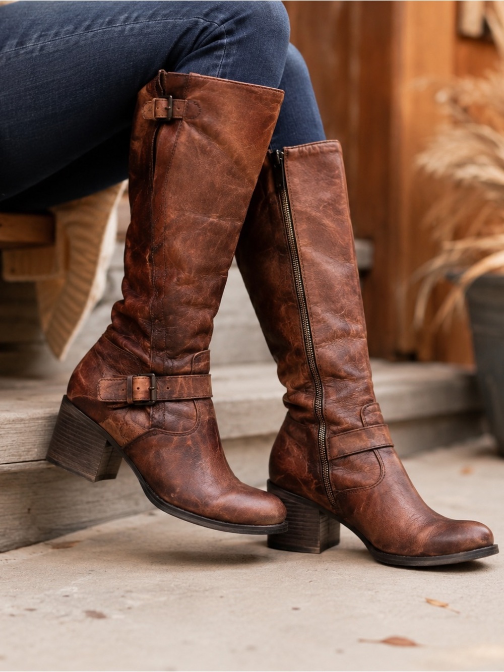 Børn Tall Leather Riding Boots Brown Buckle Zip Comfort Boots Women’s 7.5